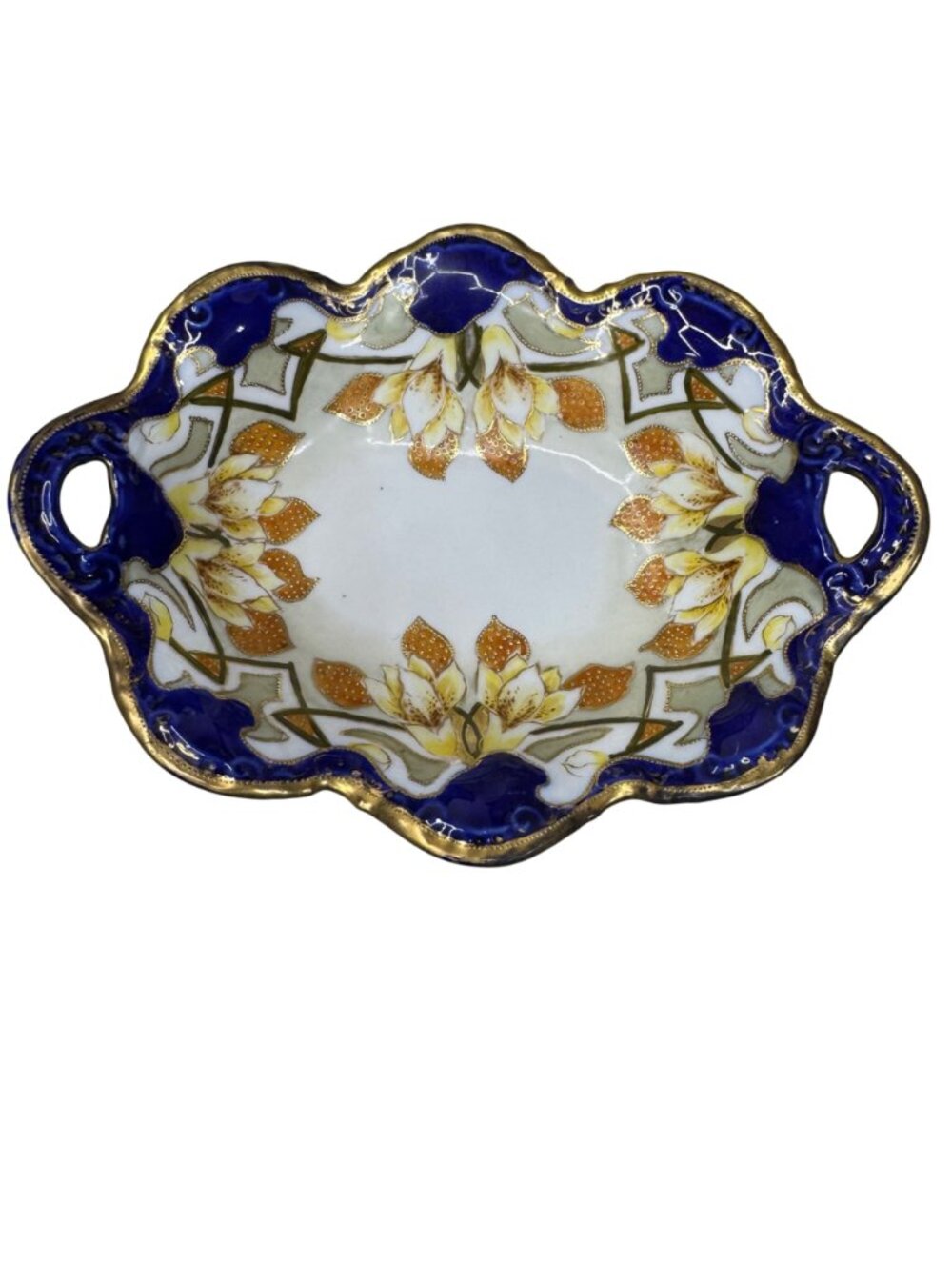 Vintage Imperial Nippon Porcelain Bowl Handles Cobalt Blue Gold Floral Gilt 10.5 - Picture 7 of 10